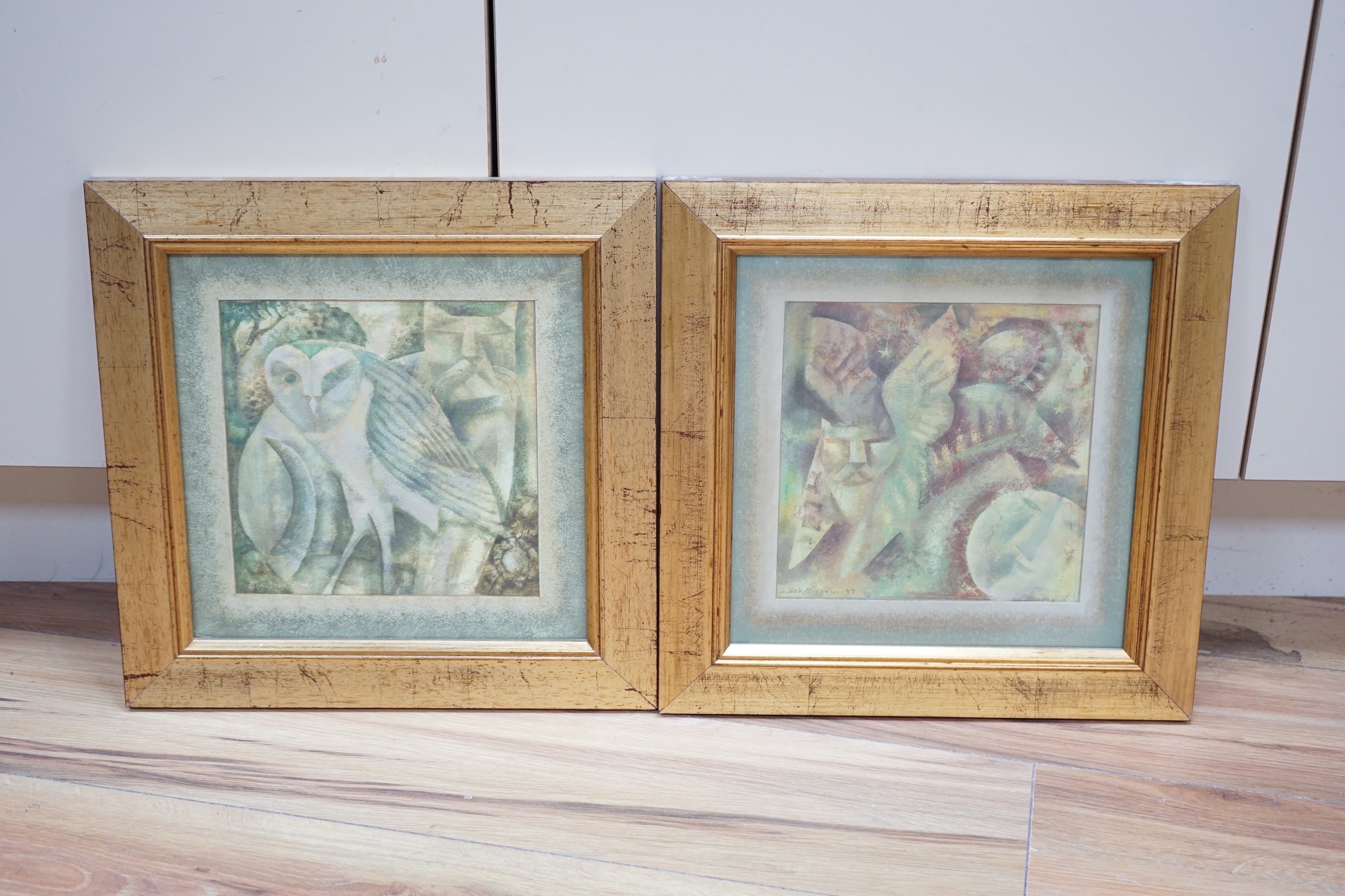 Bob Broadley (b.1939), pair of mixed medias, 'If cats could fly' and 'The owl and the pussy cat', each signed and dated '97, inscribed gallery labels verso, each 20 x 20cm